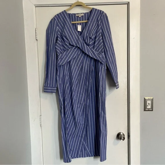 LOFT Blue and White Striped Long Sleeve Dress Twisted Midi NO BELT NWT size 12 - Picture 2 of 10